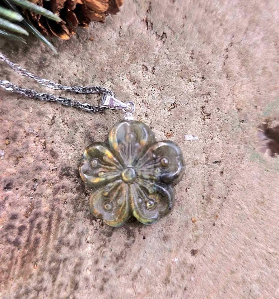 Nature Labradorite Carved Flashy Cherry Blossom Pendant Necklace