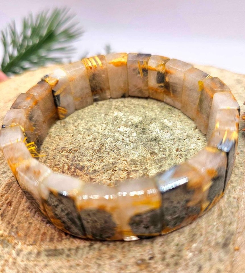 Premium Gold Rutilated Titanium Flower Rectangular Beads Feng Shui Bracelet