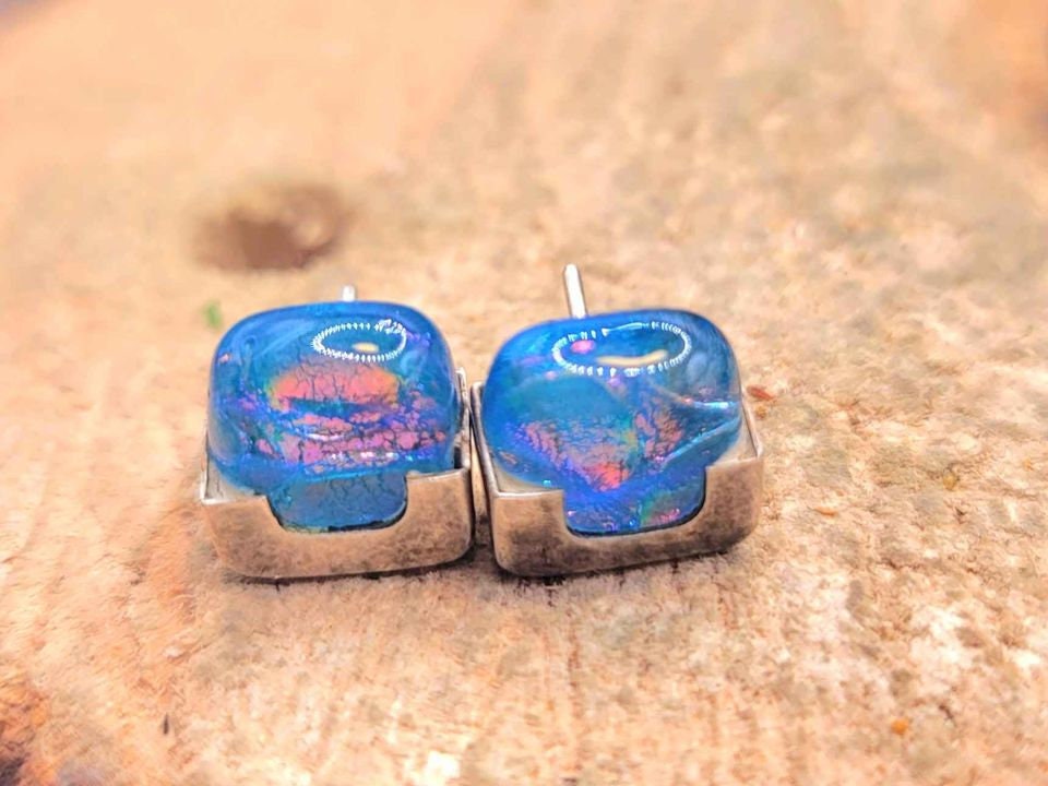 Beautiful 2 pairs Of Blue Aura Glass Tile & Pearl Sterling Silver Ear Studs
