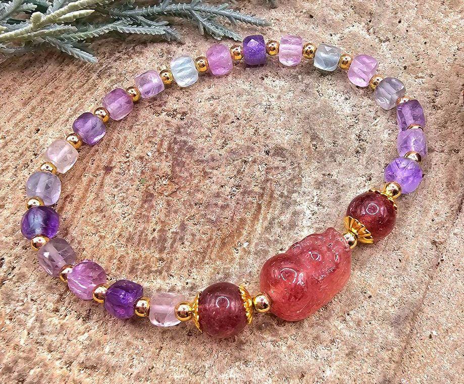 Nature Mixed Colors Fluorite Strawberry Quartz Pi Xiu Bracelet
