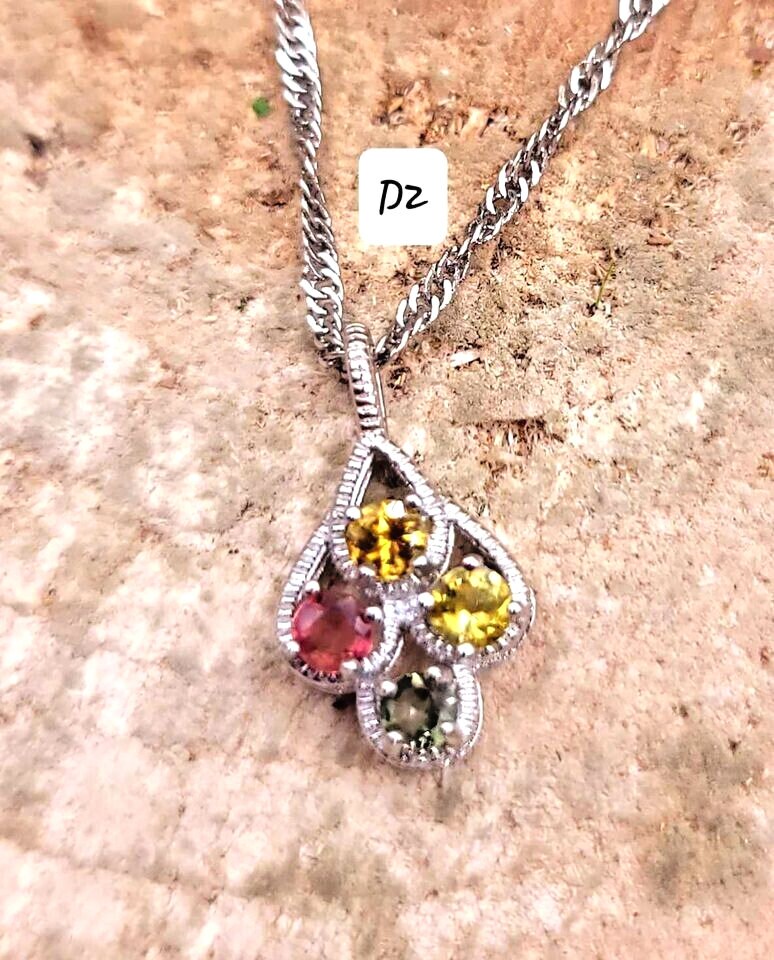 Nature Tourmalines Silver Feather Pendant Necklace