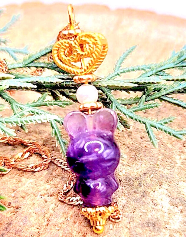 Beautiful Nature Amethyst Hand Carved Sleeping Rabbit Gold Accent Pendant Necklace