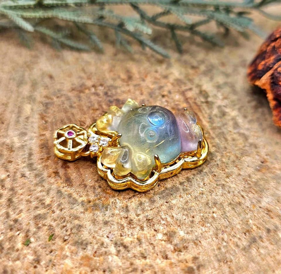 Nature Rainbow Fluorite Carved Deer Gold Wrapped Pendant Necklace