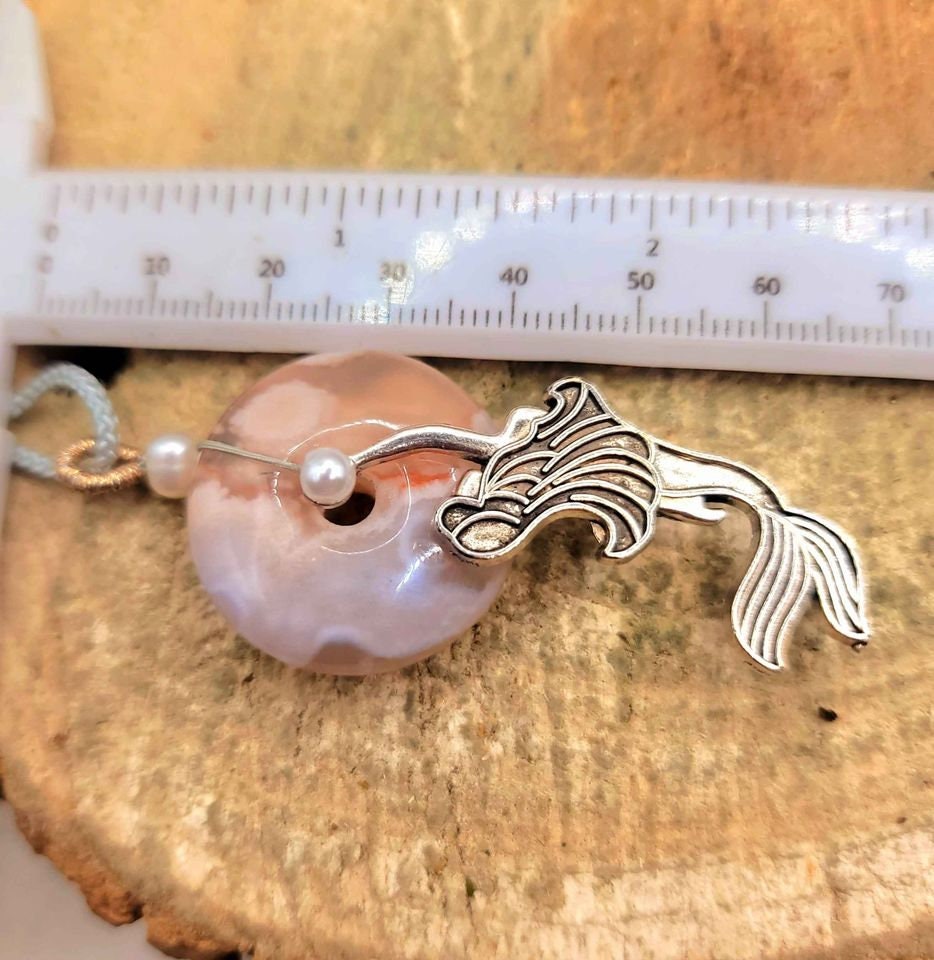 Beautiful Nature Cherry Blossom Agate Donut Swimming Mermaid Pearl Accent Necklace