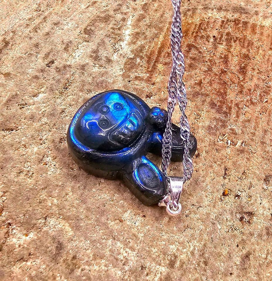 Nature Labradorite Carved Flashy Cute Rabbit Girl Pendant Necklace