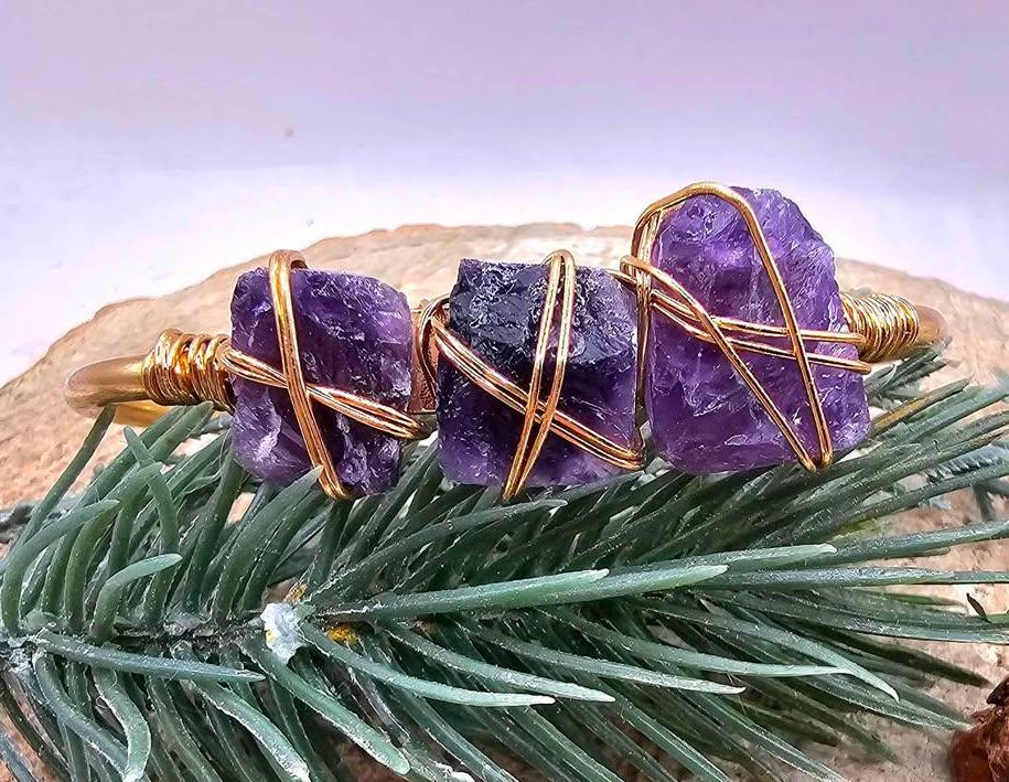 Nature Amethyst Polished Stone Wire Wrapped Open Bangle