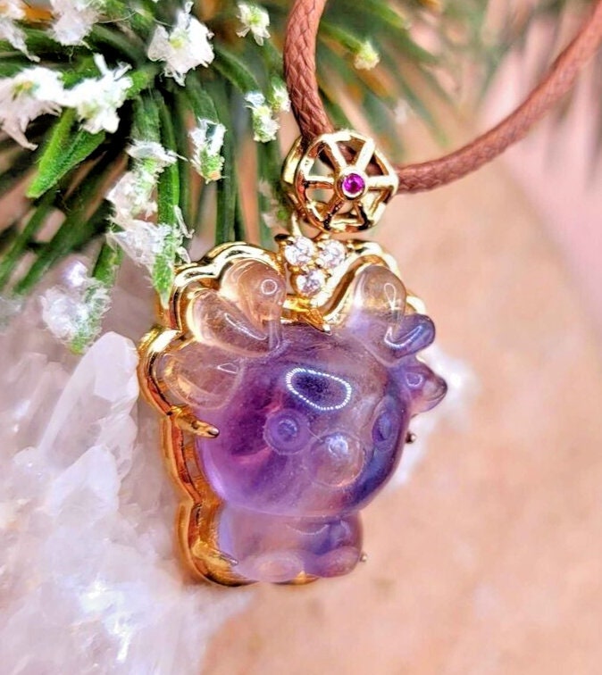 Nature Rainbow Fluorite Carved Deer Gold Wrapped Pendant Necklace