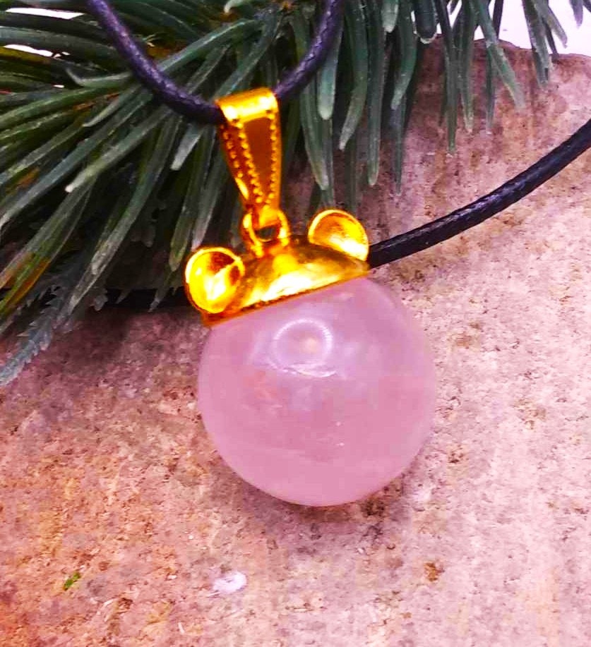 Cute Nature Rose Quartz Sphere Gold Bear Head Pendant Necklace