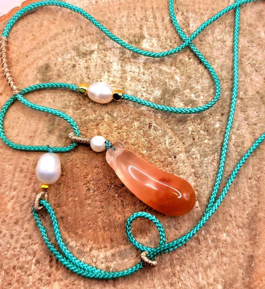 Beautiful Nature Red Rutilated Crystal Hand Carved Pepper Pearl Accent Adjustable Necklace