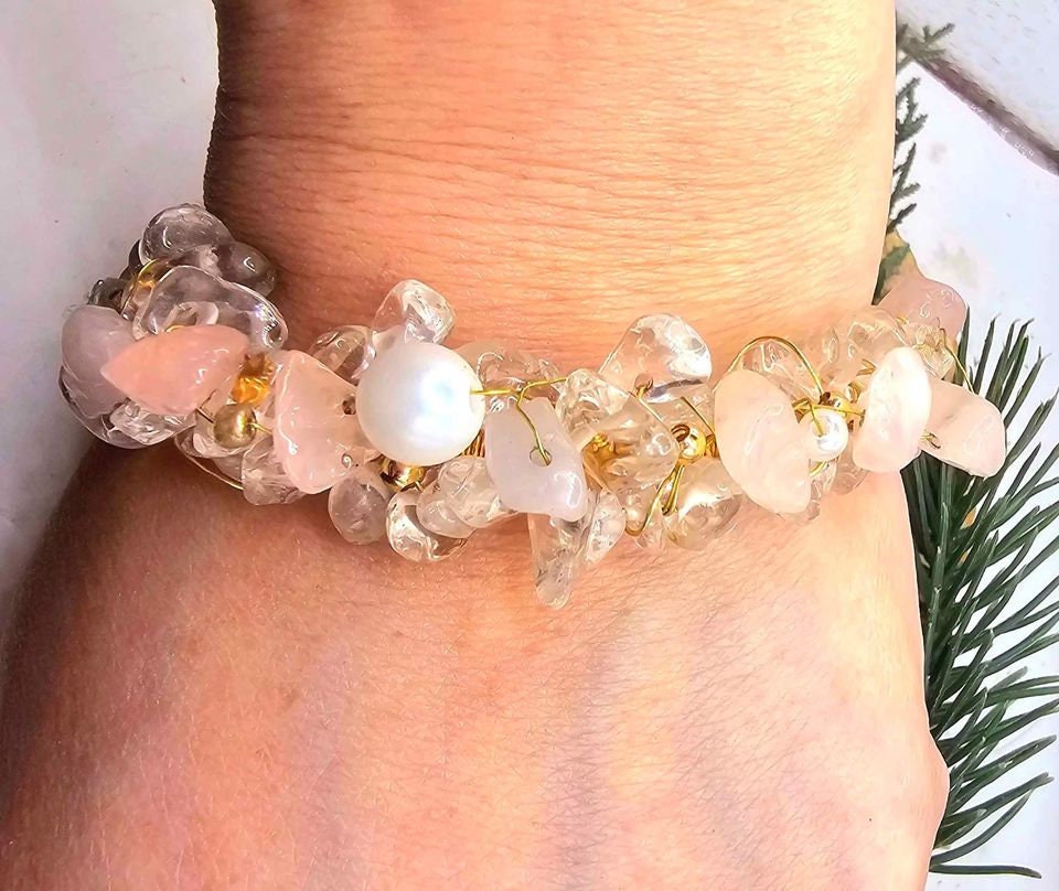 Beautiful Nature Rose Quartz White Crystals Chips Wire Wrapped Open Bangle