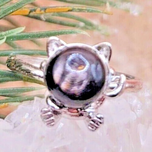 Adorable Nature Hypersthene Cat Eye Flash Silver Cat Design Adjustable Ring