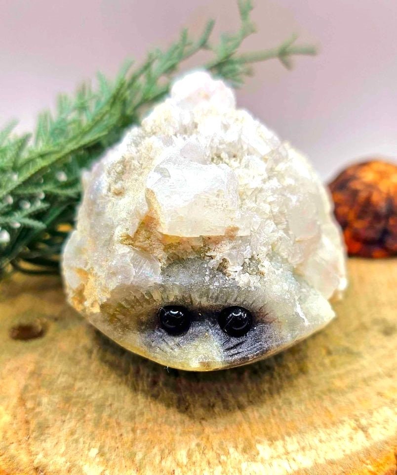 Nature Crystal Cluster Hand Carved Cute Big 3.8" Hedgehog Figure