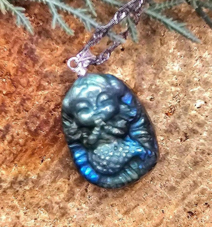 Nature Labradorite Carved Flashy Praying Mermaid Pendant Necklace