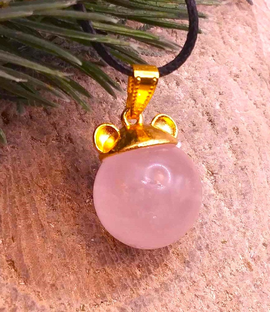 Cute Nature Rose Quartz Sphere Gold Bear Head Pendant Necklace