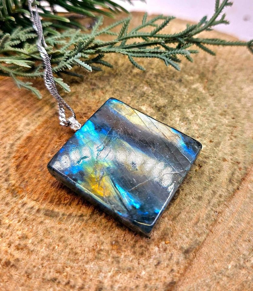 Beautiful Nature Labradorite Flashy Carved Chameleon Tile Pendant Necklace
