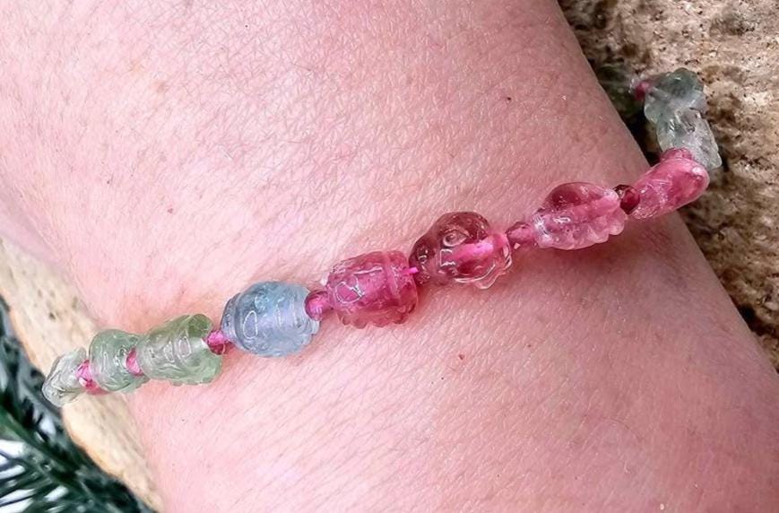 Premium Grade Nature Tourmaline Hand Carve Ruffled Candy 925 Bracelet