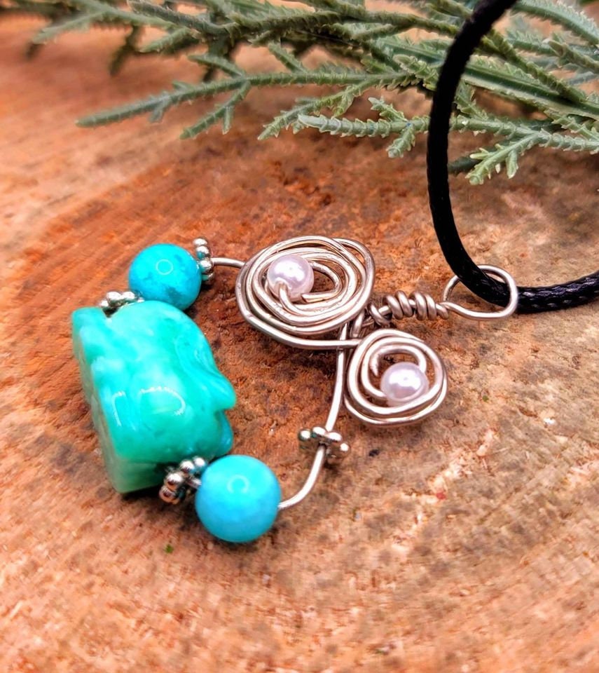 Beautiful Nature Amazonite Hand Carved Rabbit Wire Wrapped Pendant Necklace