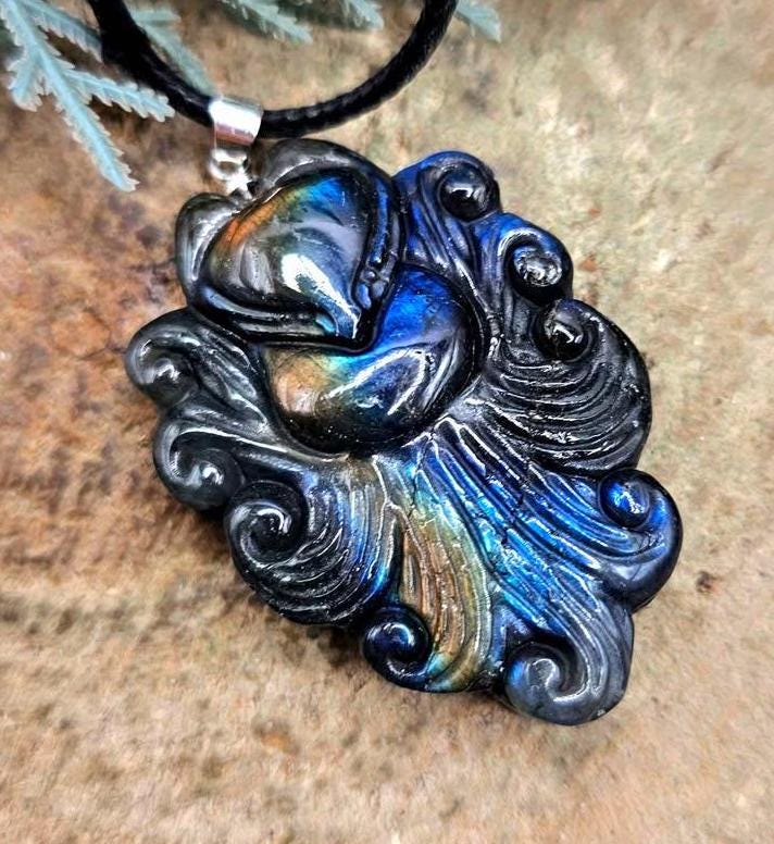 Nature Labradorite Carved Flying Nine Tails Fox Pendant Necklace
