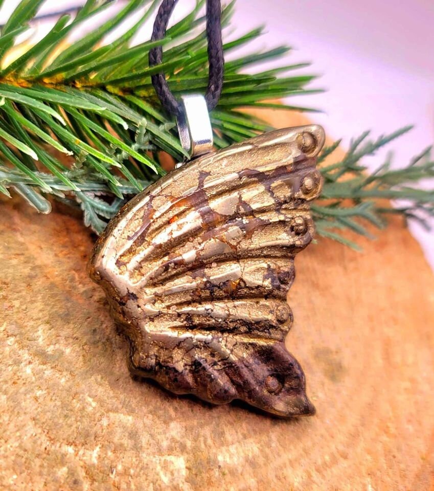 Nature Gold Pyrite Big Butterfly Wing Pendant Necklace