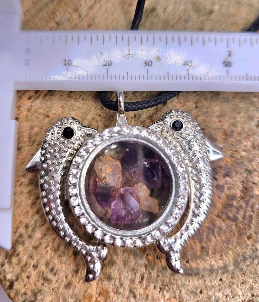 Dolphins Super Seven Raw Stone Floating Locket Necklace
