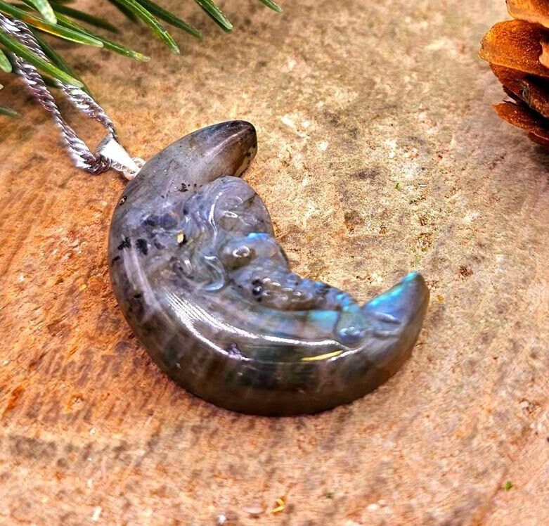 Nature Labradorite Carved Mermaid Sleeping On Moon Pendant Necklace