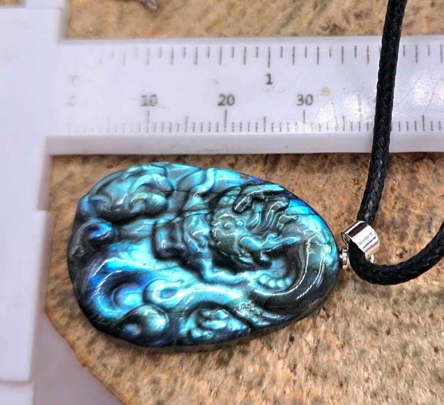 Nature Labradorite Carved Flying Dragon Pendant Necklace