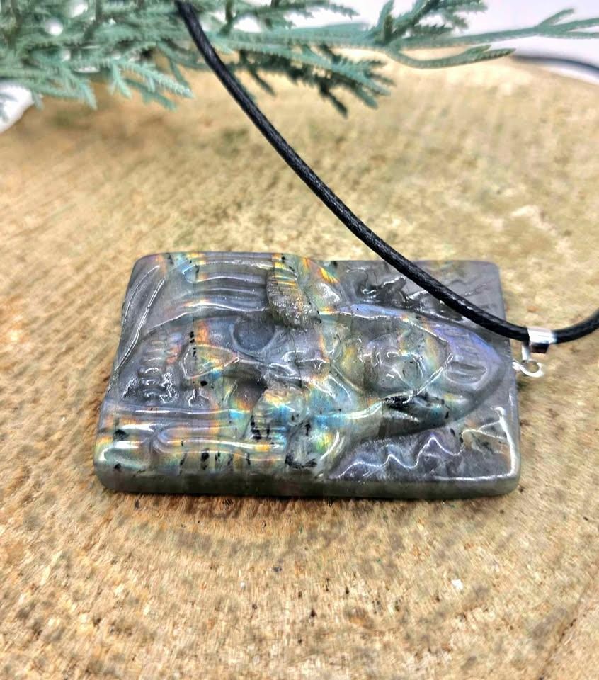 Nature Labradorite Carved Flashy Hidden Evil Monk Pendant Necklace