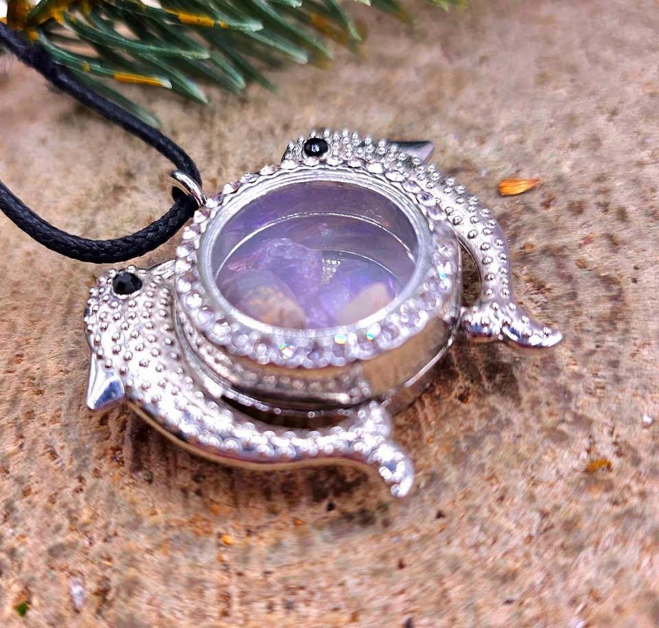 Dolphins Super Seven Raw Stone Floating Locket Necklace