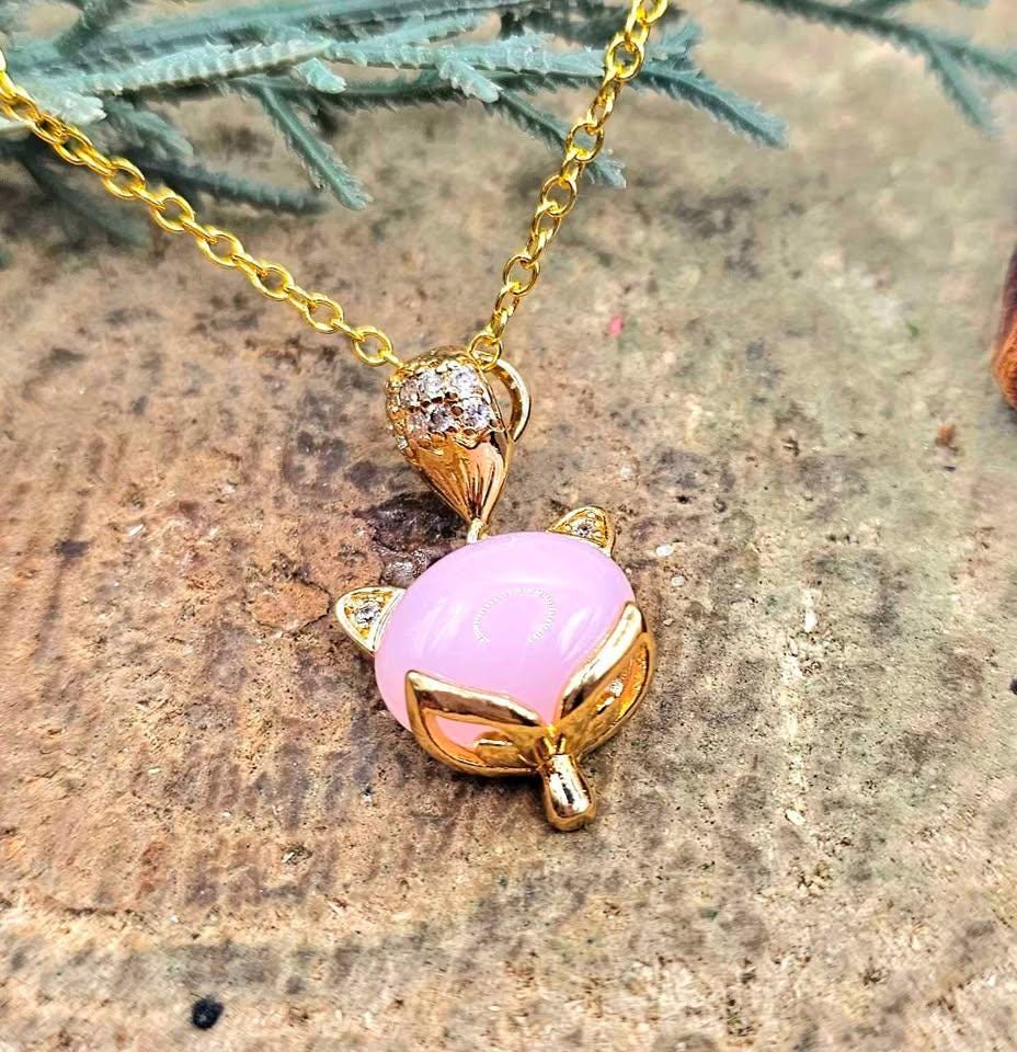 Nature Rose Quartz Gold Tone Fox Pendant Necklace