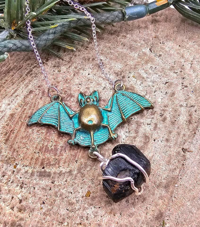 Flying Bat Nature Black Tourmaline Raw Stone Pendant Necklace