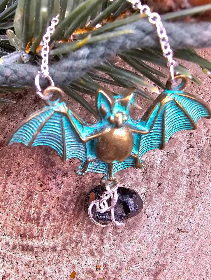 Flying Bat Nature Black Tourmaline Raw Stone Pendant Necklace