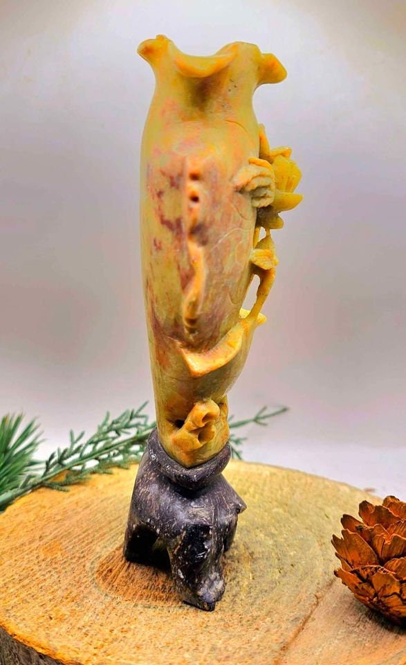 Beautiful Nature Soapstone Hand Carved Blossom Floral 6" Vintage Vase