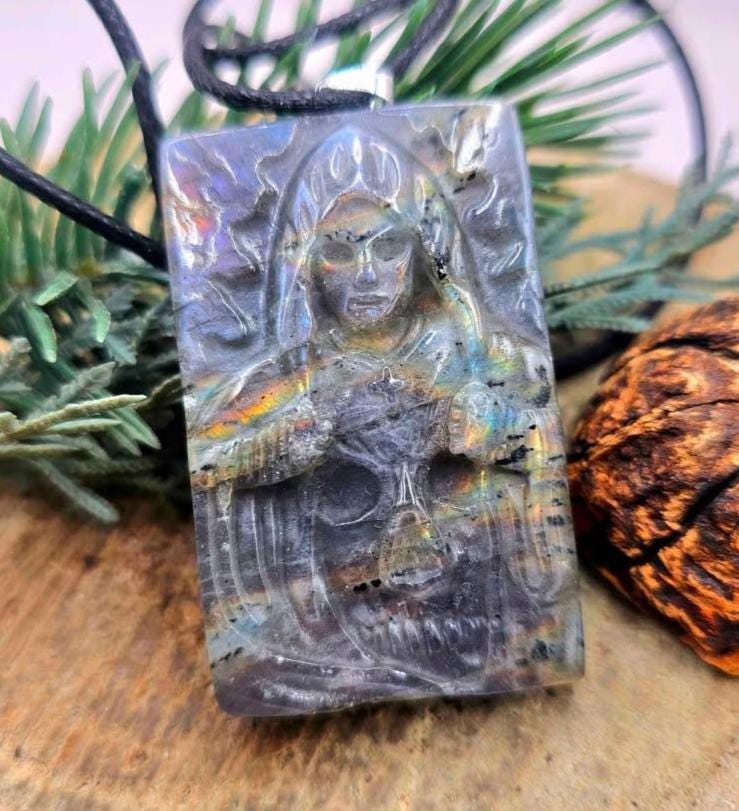 Nature Labradorite Carved Flashy Hidden Evil Monk Pendant Necklace