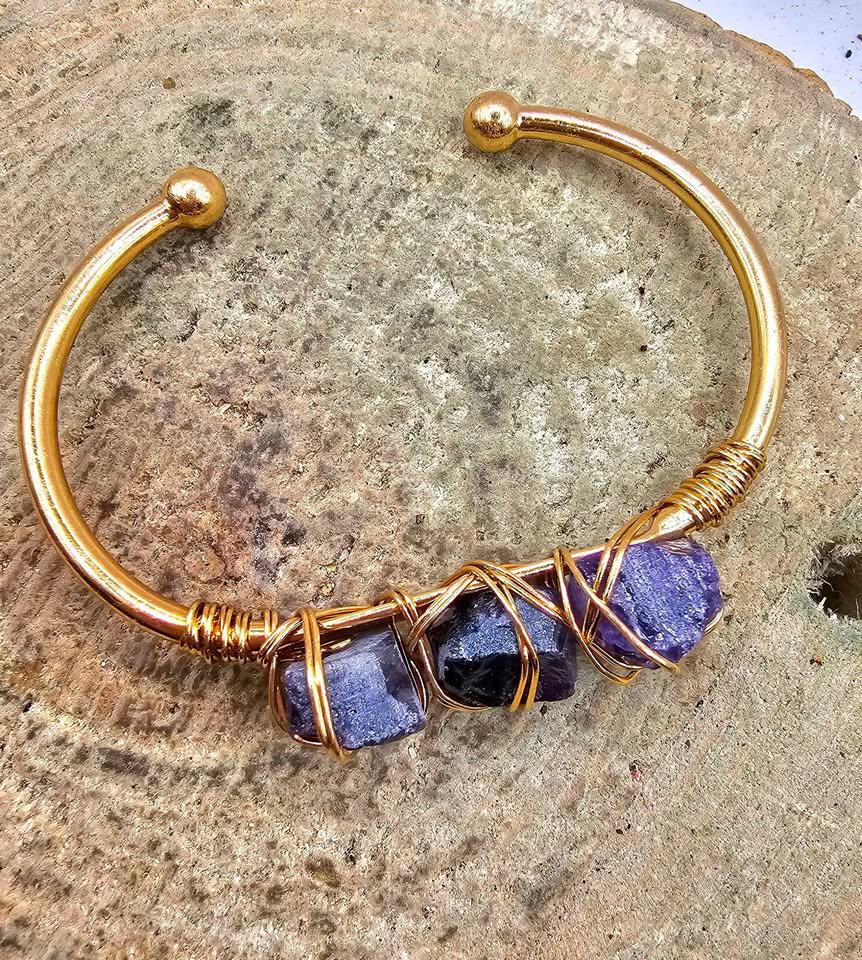 Nature Amethyst Polished Stone Wire Wrapped Open Bangle