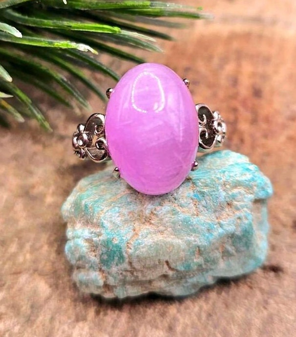 Beautiful Big Nature Purple Kunzite S925 Adjustable Ring