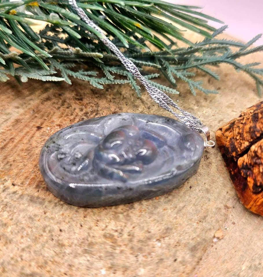 Nature Labradorite Flashy Lotus Flower Pendant Necklace