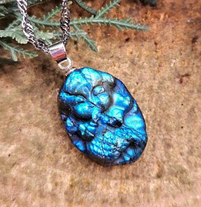 Nature Labradorite Carved Flashy Praying Mermaid Pendant Necklace