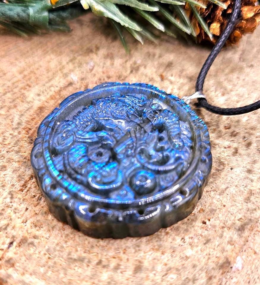Nature Labradorite Carved Flashy Oriental Dragon Pendant Necklace