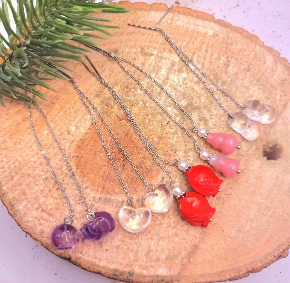 Nature Crystal Stones Hand Carved Dangle Earrings