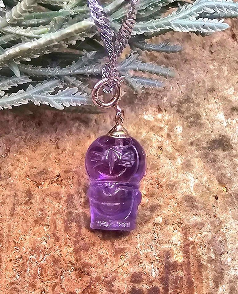 Cute Nature Amethyst Carved Doraemon Gadget Cat Pendant Necklace