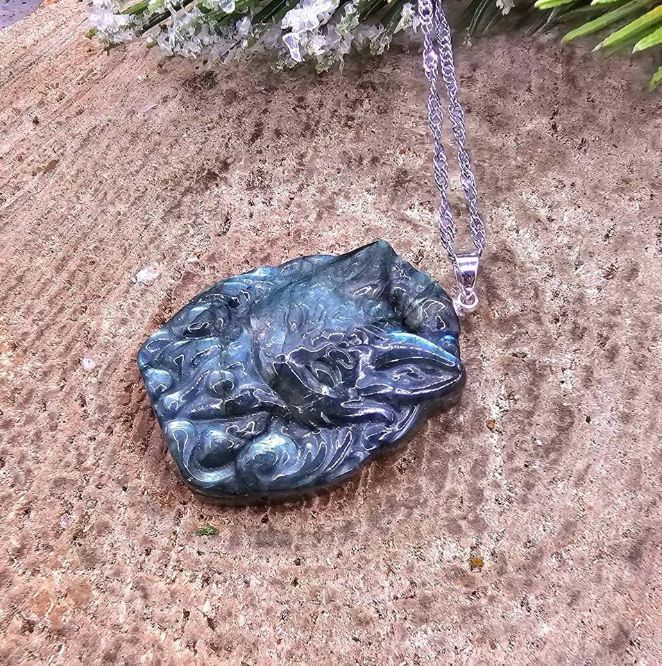 Nature Labradorite Carved Flashy Nine Tail Fox Pendant Necklace