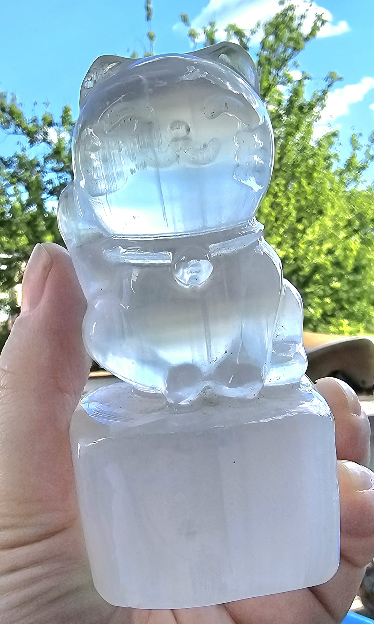 Premium Grade Selenite Hand Carved 4" Lucky Cat Figure