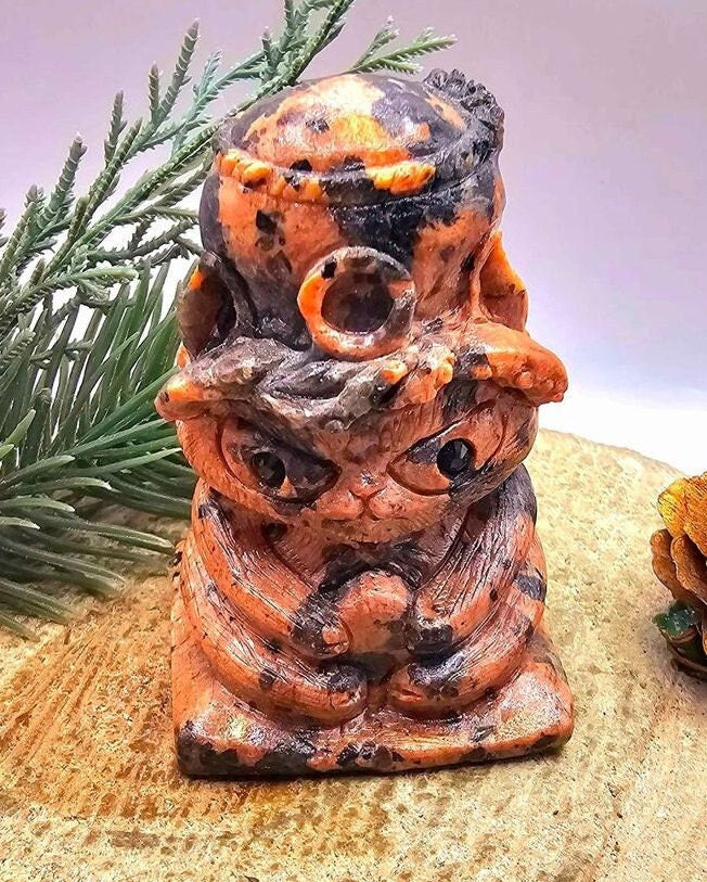 Unique Nature Mahogany Obsidian Carved Neko Ni Tako (Cat God & Octopus) Figure