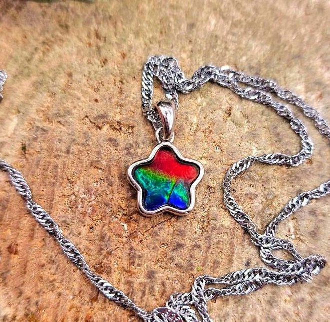 Premium Grade Nature Canadian Ammolite 925 Star Pendant Necklace