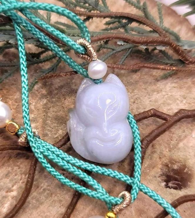 Certified Nature Green Jade Carved Fox Pendant Necklace
