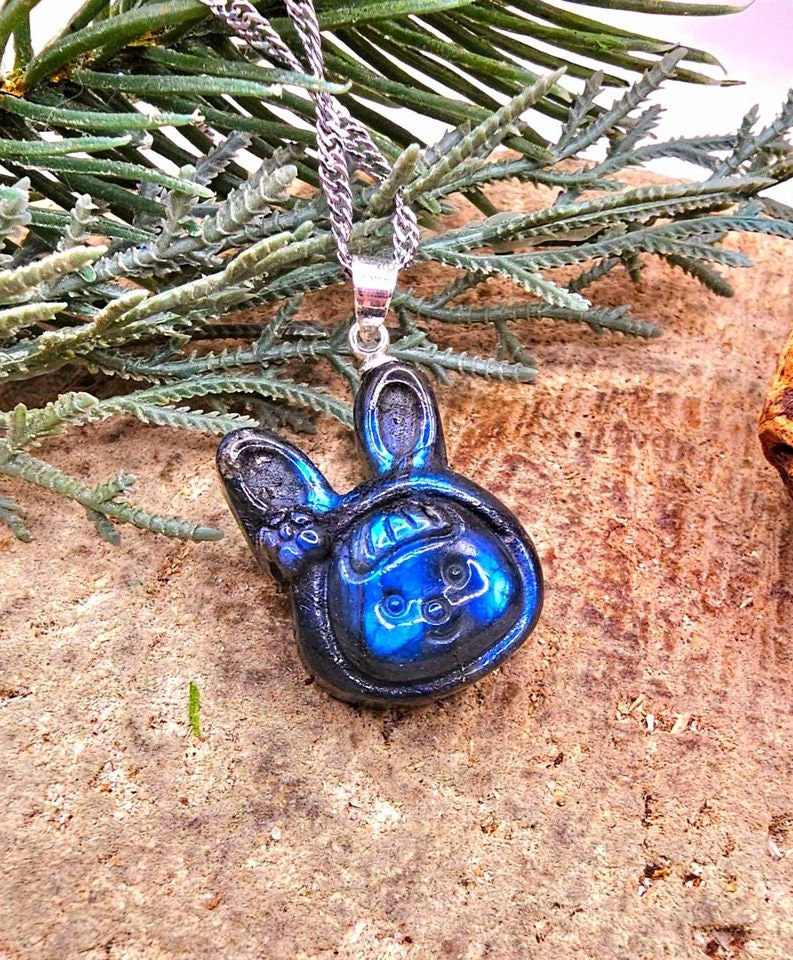 Nature Labradorite Carved Flashy Cute Rabbit Girl Pendant Necklace