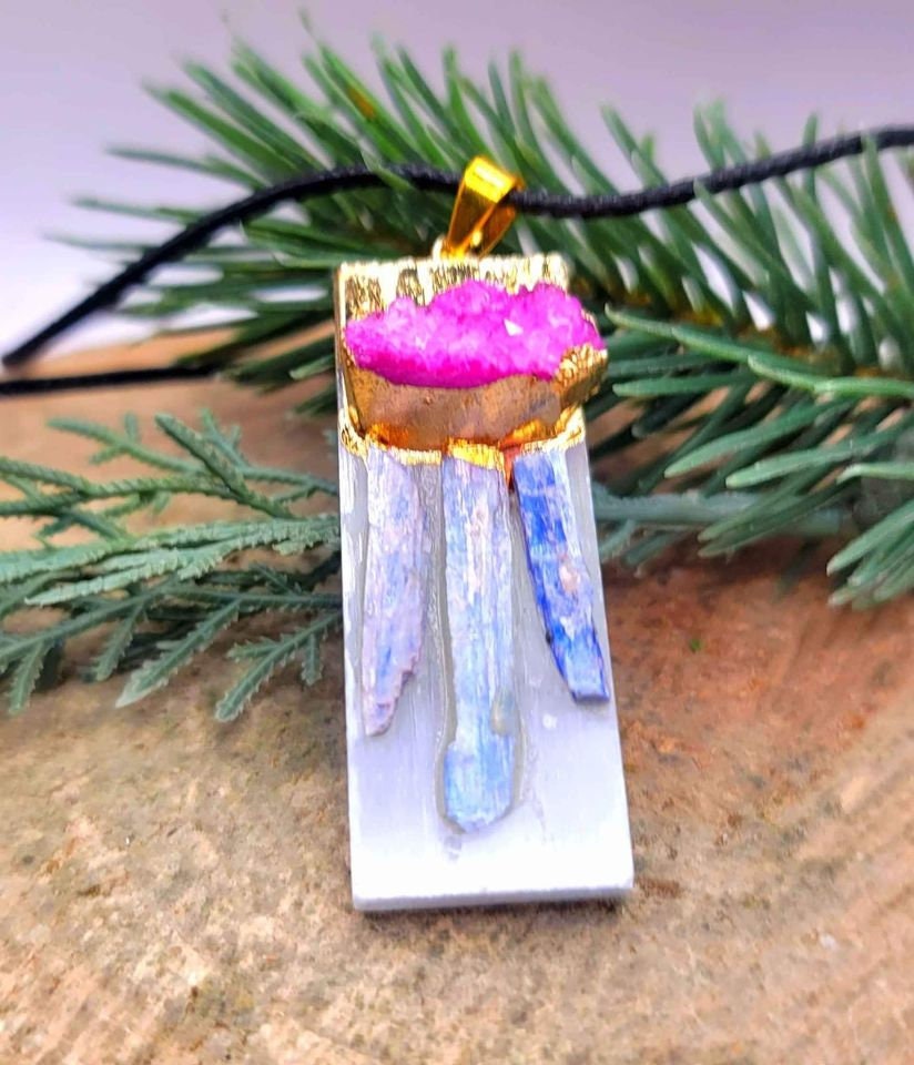 Beautiful Nature Selenite With Kyanite and Pink Geode Gold Cap Pendant Necklace
