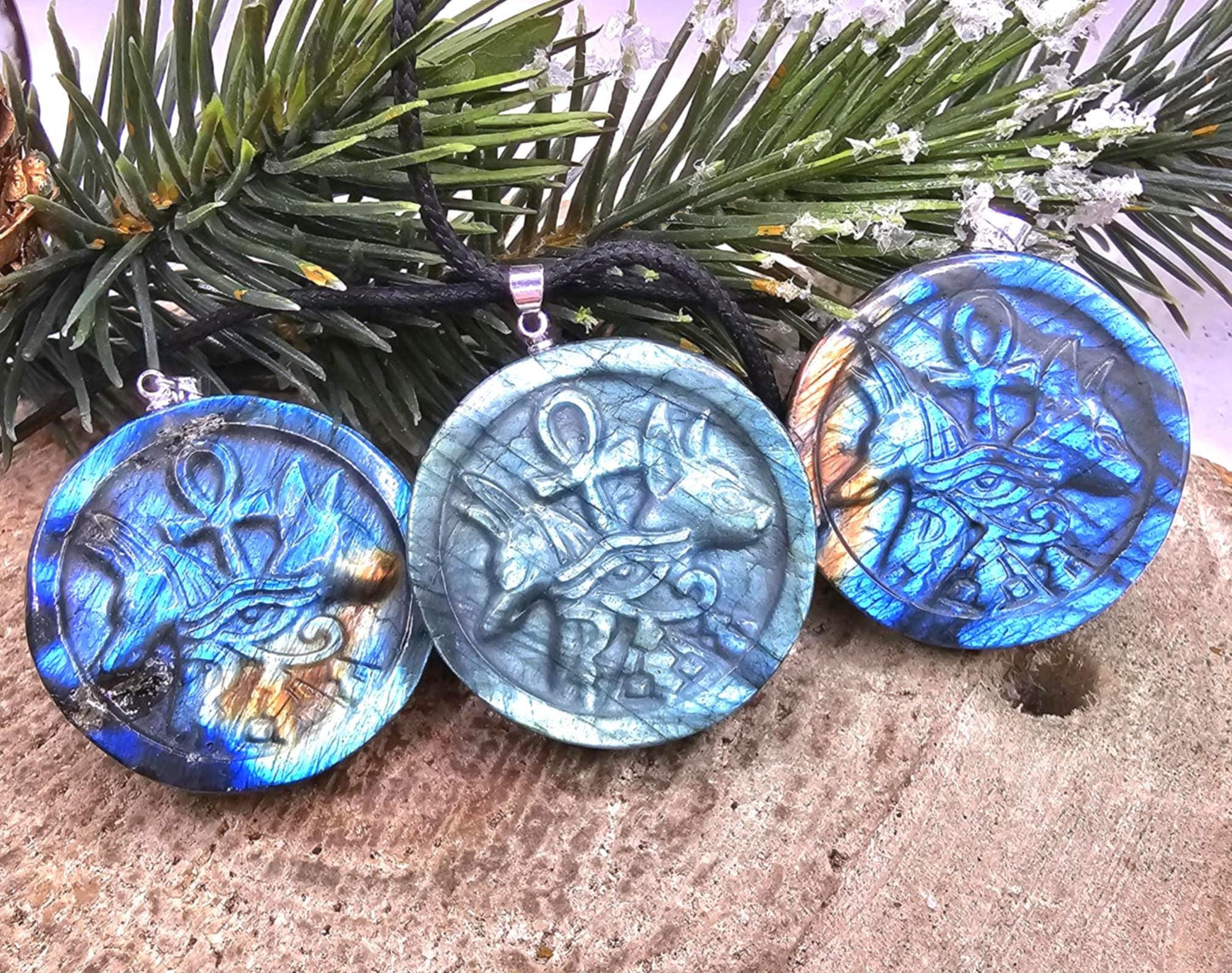Nature Labradorite Carved Flashy Egyptian Symbols Pendant Necklace