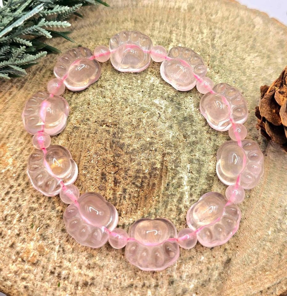Premium Nature Rose Quartz Carved Cute Paw Beads Bracelet