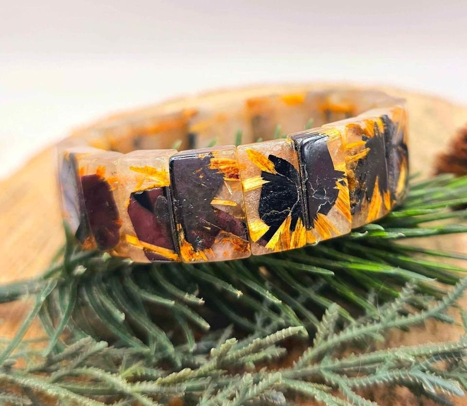 Premium Gold Rutilated Titanium Flower Rectangular Beads Feng Shui Bracelet